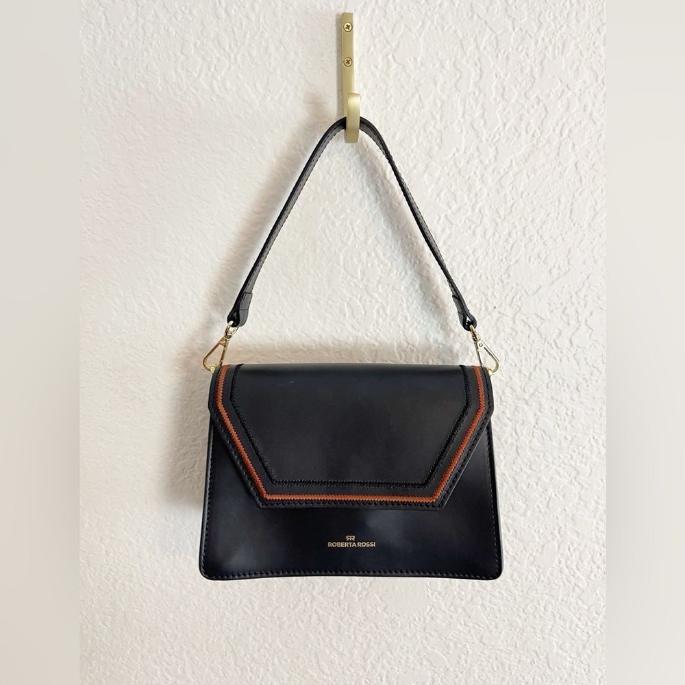 ROBERTA ROSSI Black Leather geometric Flap Satchel/structured Crossbody Bag